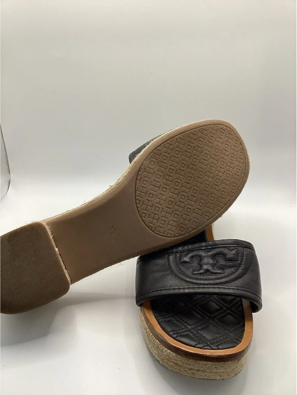 TORY BURCH Quilted Fleming Woven Wedge Espadrille Sandal Size 8.5 Black Leather